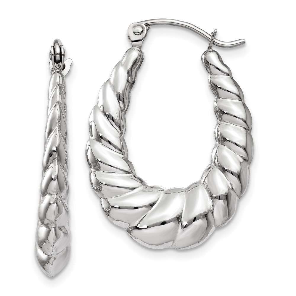 14k White Gold Polished and Textured Oval Hoop Earrings 24 L x 2 mm W